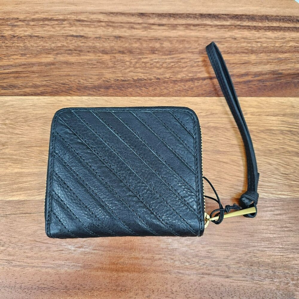 Margot Chevron Cyrus Slim Zip Around Wallet Black Leather Mini Wristlet Gift New